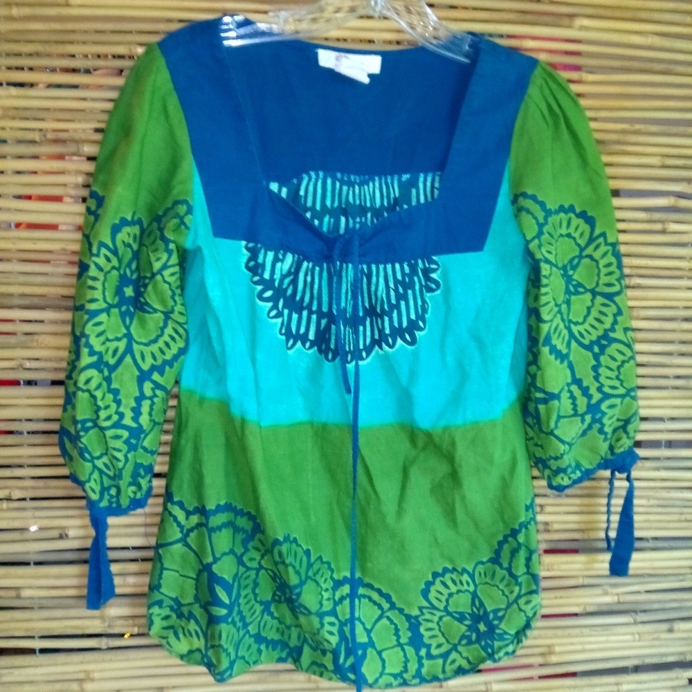 Axyeh S Turquoise Green Blue Boho Cotton Top